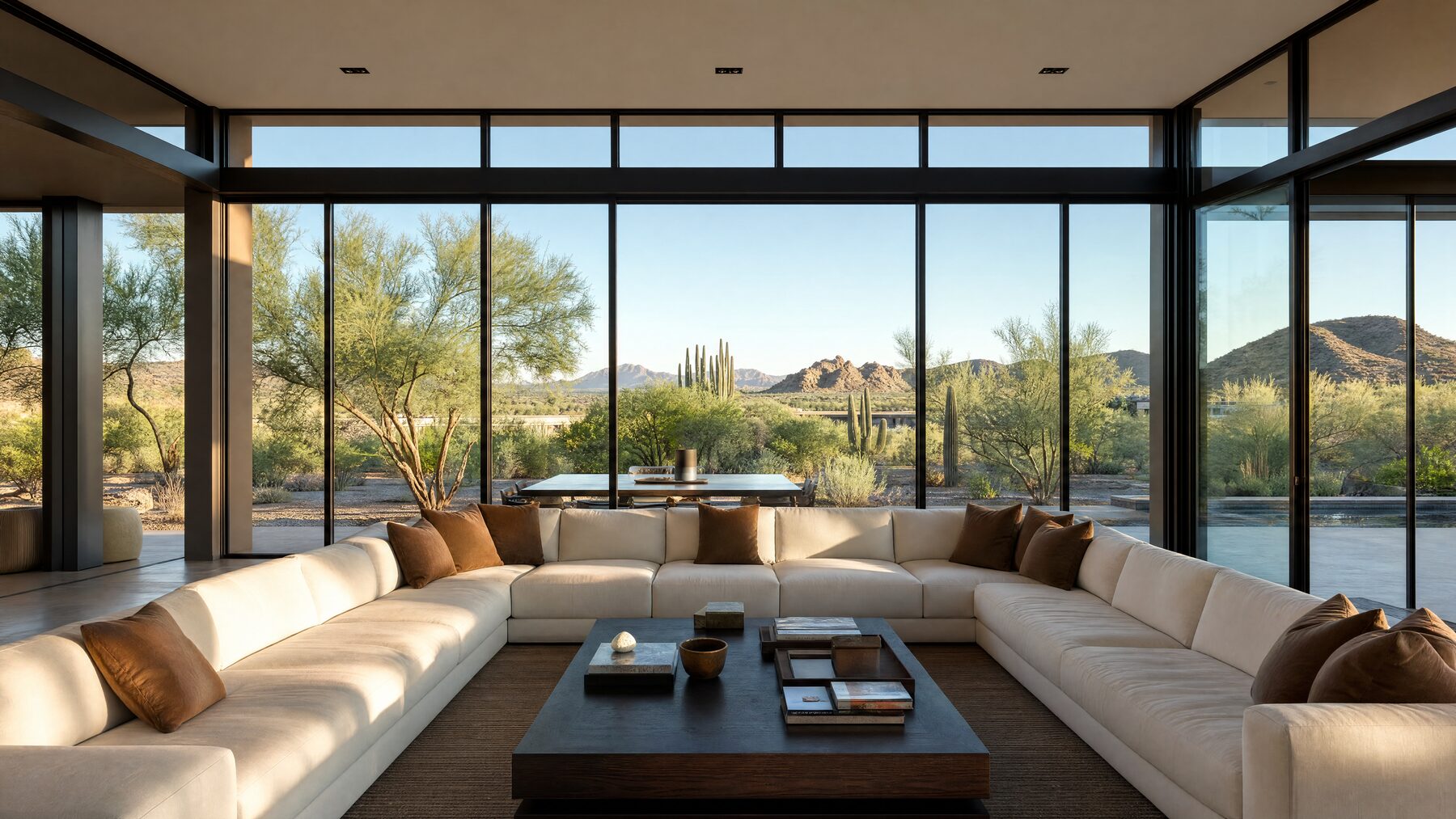 Modern desert living room overlooking the Sonoran landscape